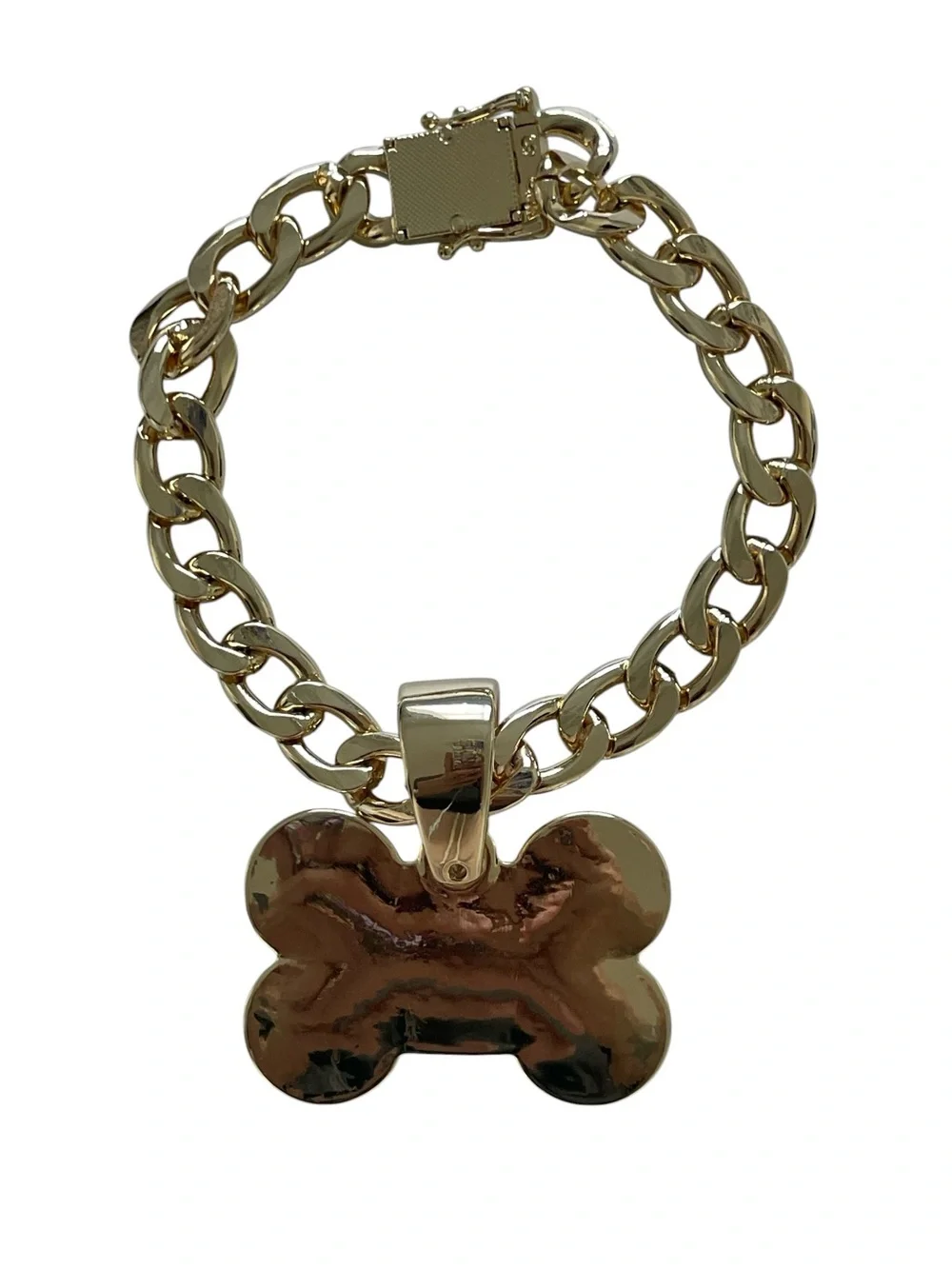 Cuban Gold Link Heavy Duty Dog Necklace - 8in, Bone-Shaped Polished